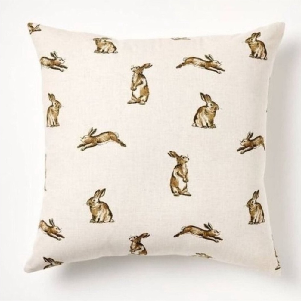 Oversized Printed Bunny Square Throw Pillow Linen Brown Rabbits Studio McGee